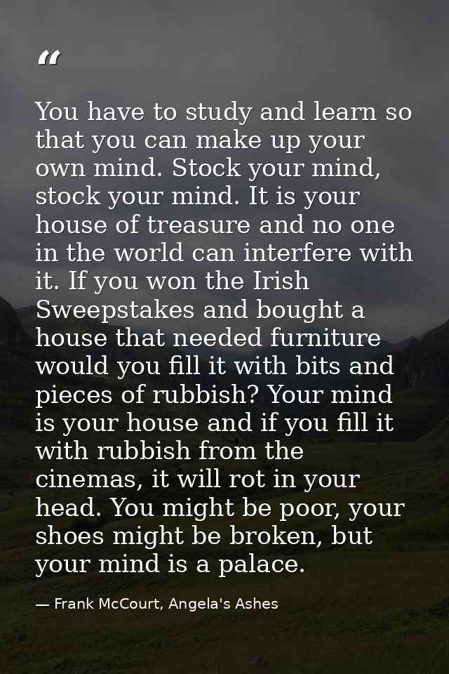 You have to study and learn so that you can make up your own mind. Stock your mind, stock your mind. It is your house of — Frank McCourt, Angela's Ashes