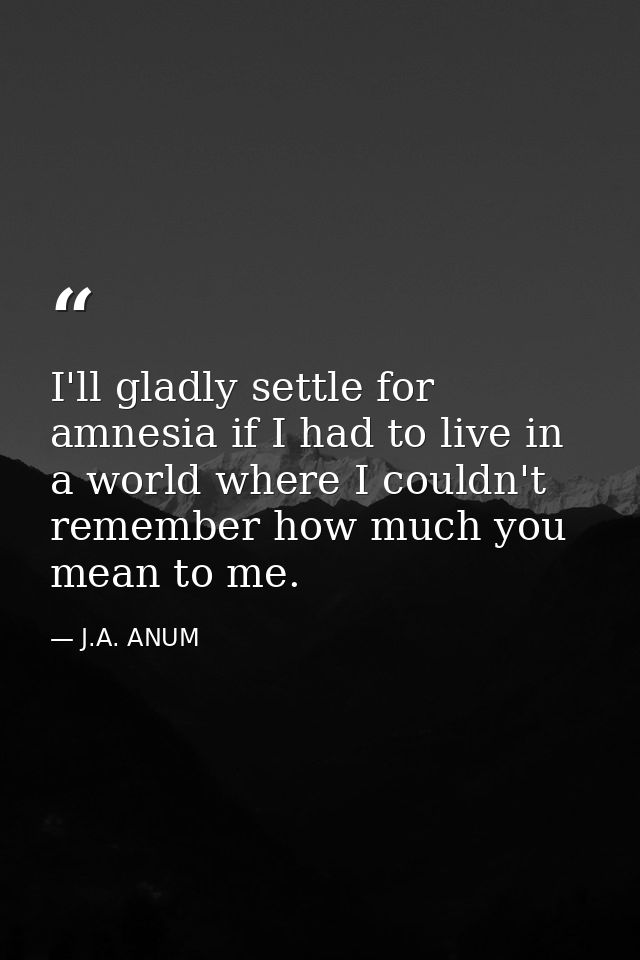 I'll gladly settle for amnesia if I had to live in a world where I couldn't remember how much you mean to me. — J.A. ANUM