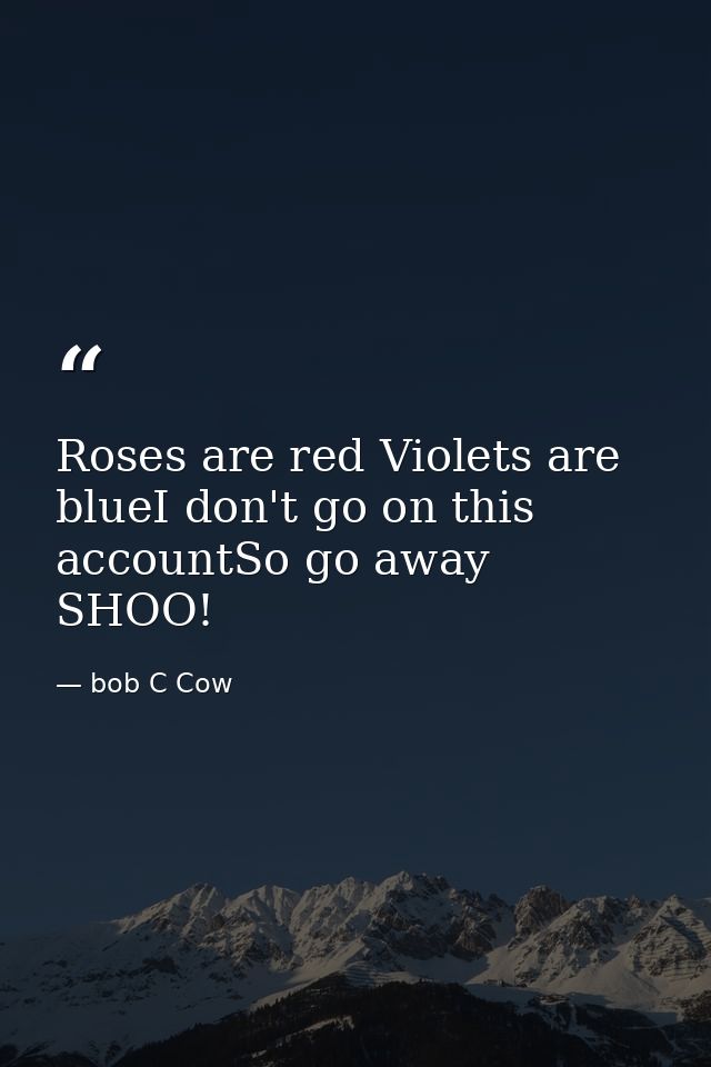 Roses are red Violets are blueI don't go on this accountSo go away SHOO! — bob C Cow