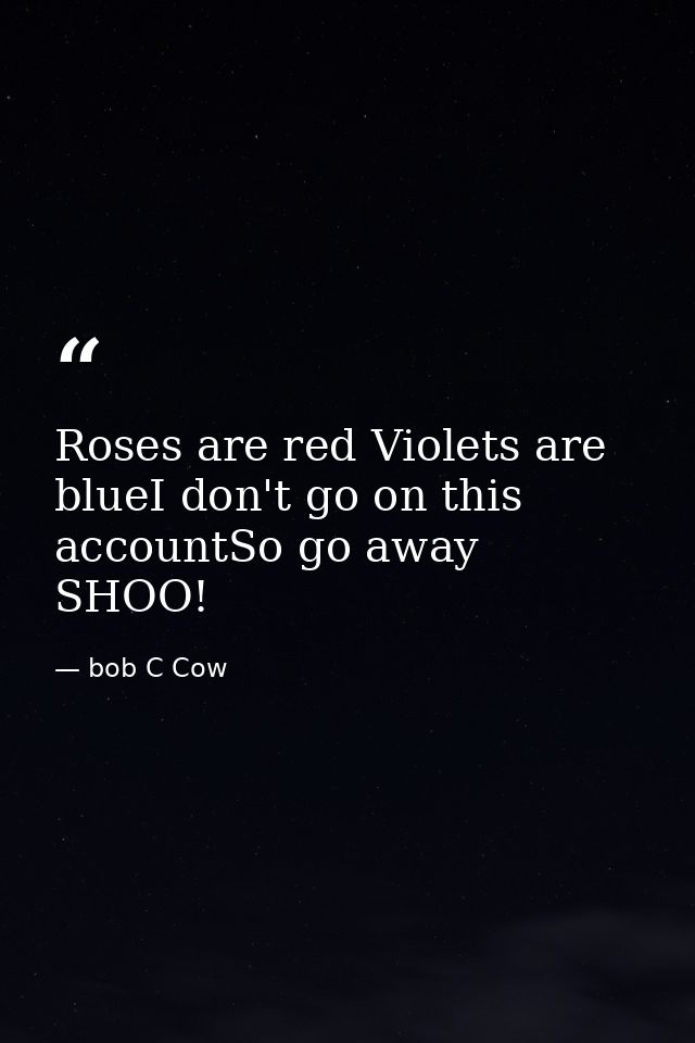 Roses are red Violets are blueI don't go on this accountSo go away SHOO! — bob C Cow