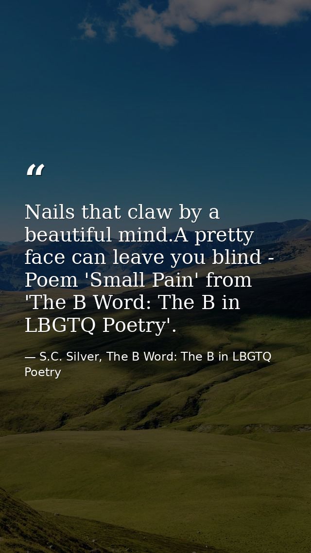 Nails that claw by a beautiful mind.A pretty face can leave you blind - Poem 'Small Pain' from 'The B Word: The B in LBG — S.C. Silver, The B Word: The B in LBGTQ Poetry