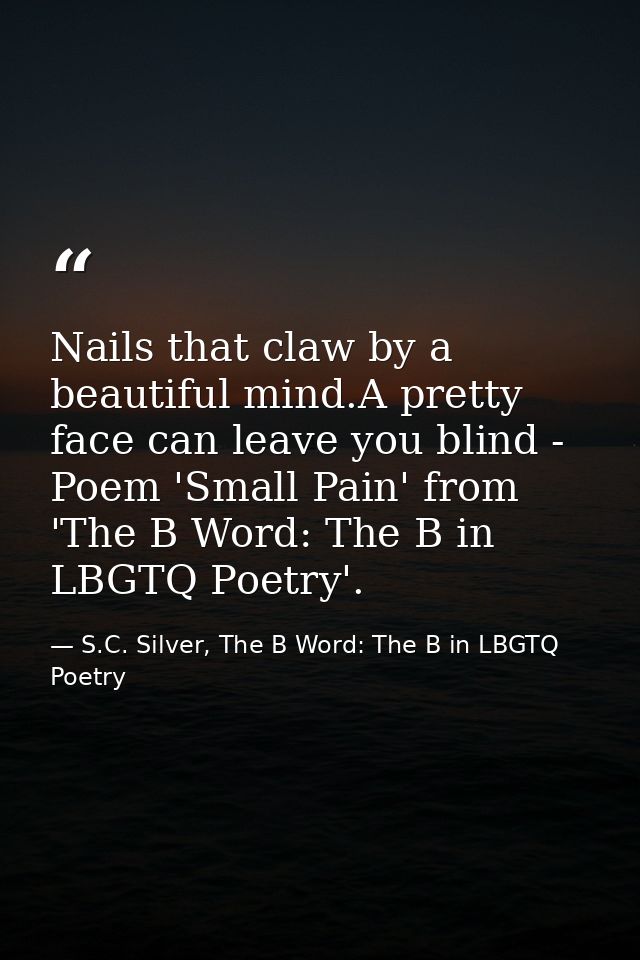 Nails that claw by a beautiful mind.A pretty face can leave you blind - Poem 'Small Pain' from 'The B Word: The B in LBG — S.C. Silver, The B Word: The B in LBGTQ Poetry