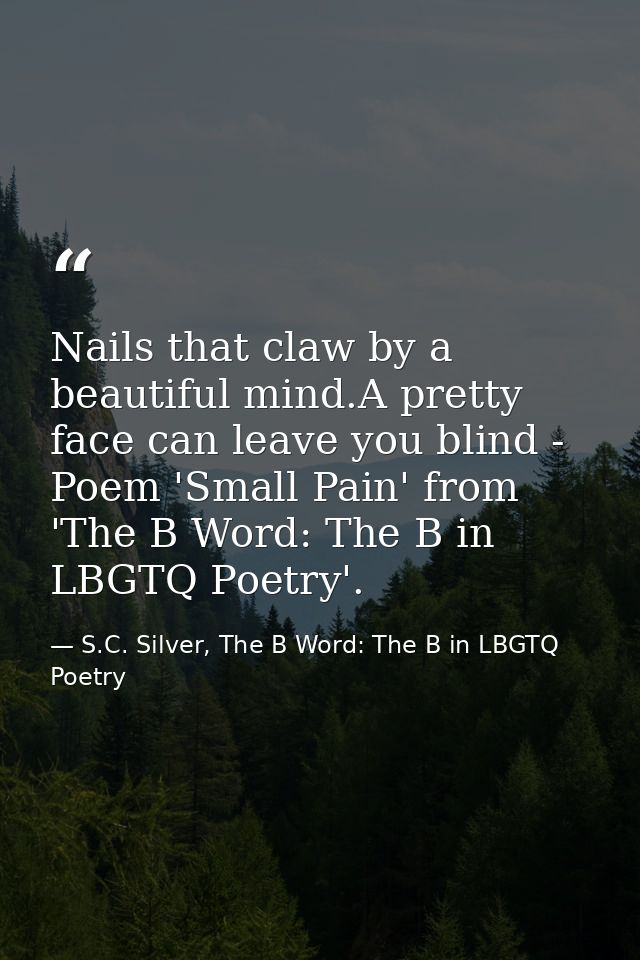 Nails that claw by a beautiful mind.A pretty face can leave you blind - Poem 'Small Pain' from 'The B Word: The B in LBG — S.C. Silver, The B Word: The B in LBGTQ Poetry