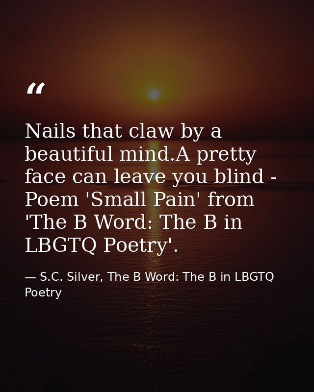 Nails that claw by a beautiful mind.A pretty face can leave you blind - Poem 'Small Pain' from 'The B Word: The B in LBG — S.C. Silver, The B Word: The B in LBGTQ Poetry