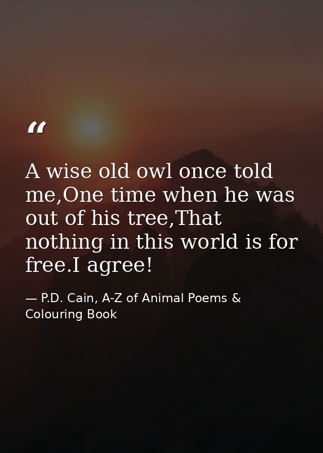 A wise old owl once told me,One time when he was out of his tree,That nothing in this world is for free.I agree! — P.D. Cain, A-Z of Animal Poems & Colouring Book