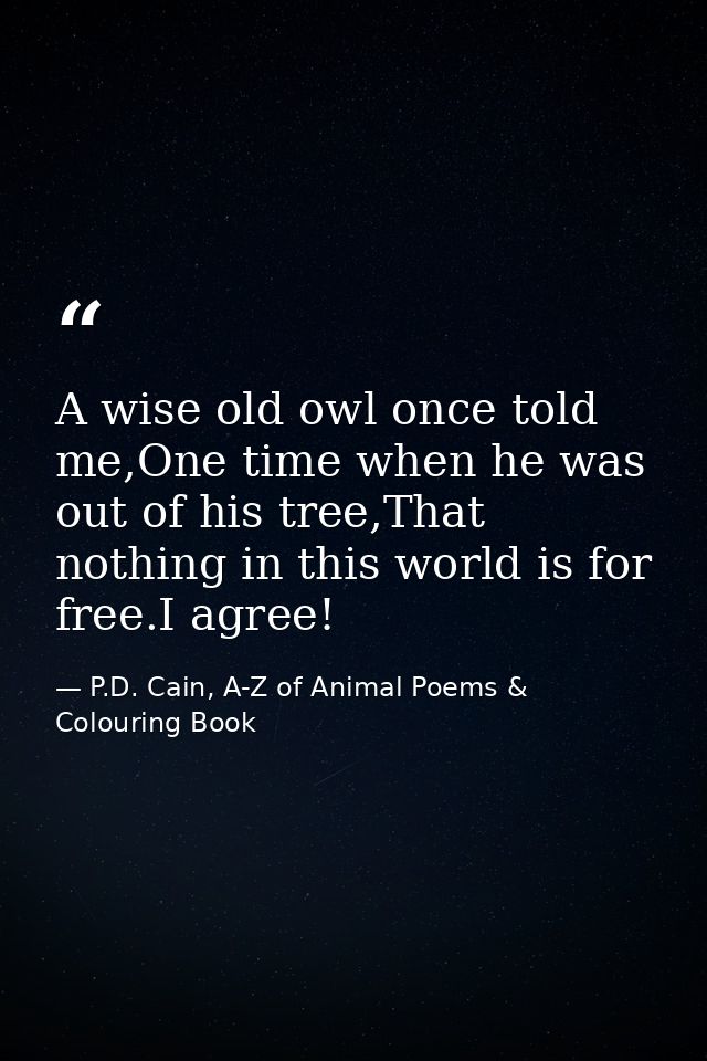 A wise old owl once told me,One time when he was out of his tree,That nothing in this world is for free.I agree! — P.D. Cain, A-Z of Animal Poems & Colouring Book