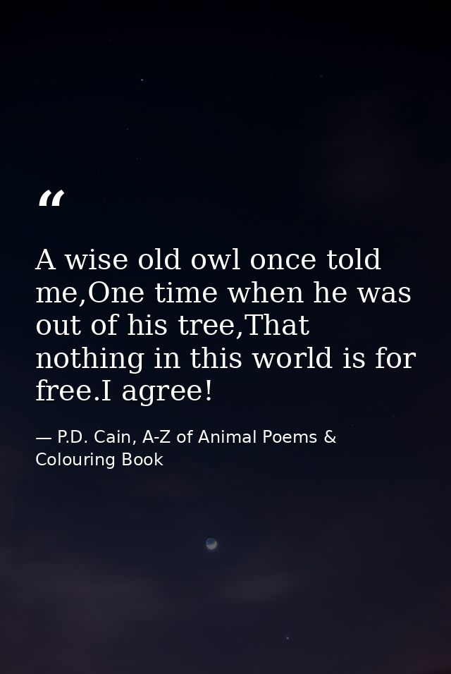 A wise old owl once told me,One time when he was out of his tree,That nothing in this world is for free.I agree! — P.D. Cain, A-Z of Animal Poems & Colouring Book