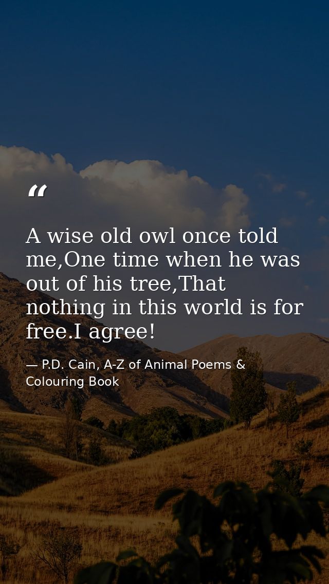A wise old owl once told me,One time when he was out of his tree,That nothing in this world is for free.I agree! — P.D. Cain, A-Z of Animal Poems & Colouring Book
