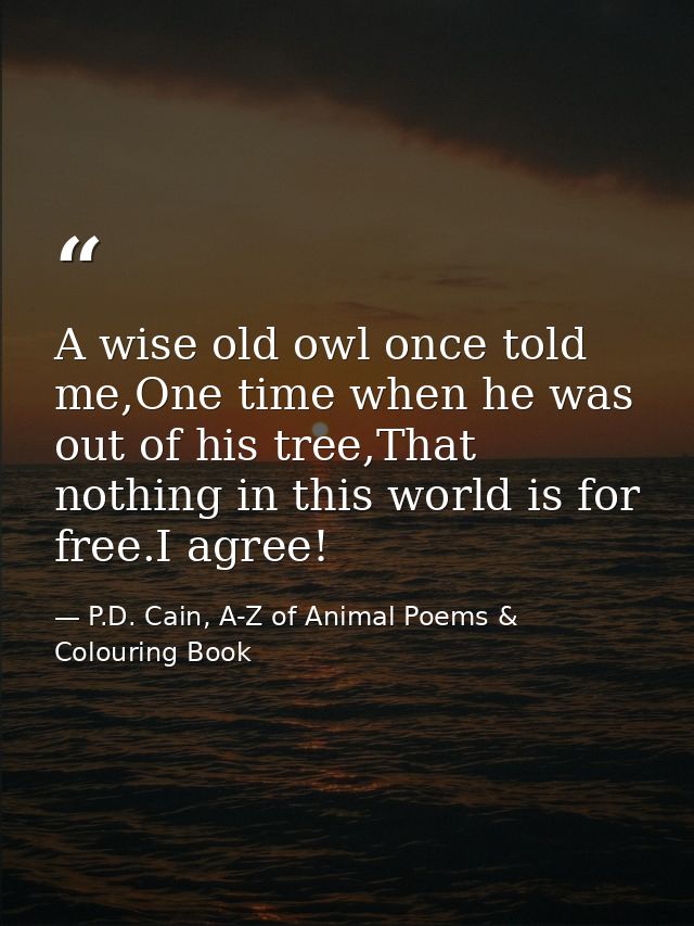 A wise old owl once told me,One time when he was out of his tree,That nothing in this world is for free.I agree! — P.D. Cain, A-Z of Animal Poems & Colouring Book