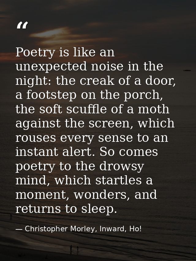 Poetry is like an unexpected noise in the night: the creak of a door, a footstep on the porch, the soft scuffle of a mot — Christopher Morley, Inward, Ho!