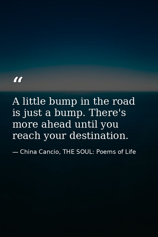 A little bump in the road is just a bump. There's more ahead until you reach your destination. — China Cancio, THE SOUL: Poems of Life