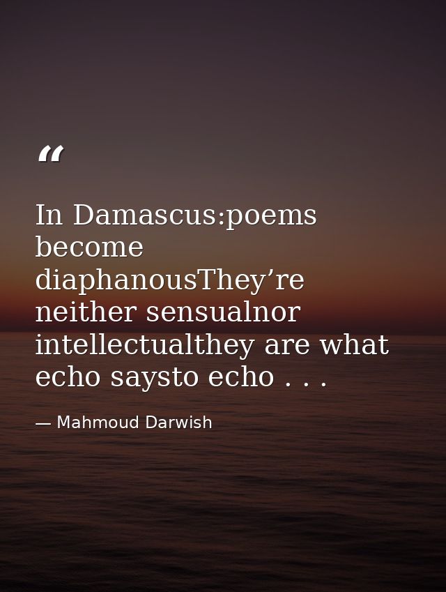In Damascus:poems become diaphanousThey’re neither sensualnor intellectualthey are what echo saysto echo . . . — Mahmoud Darwish