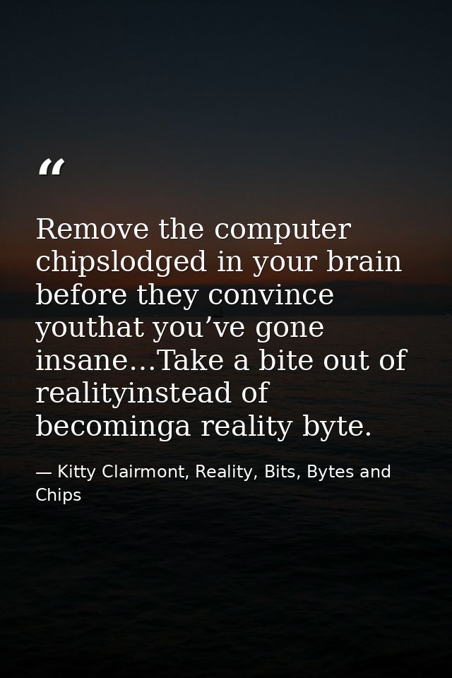 Remove the computer chipslodged in your brain before they convince youthat you’ve gone insane…Take a bite out of reality — Kitty Clairmont, Reality, Bits, Bytes and Chips