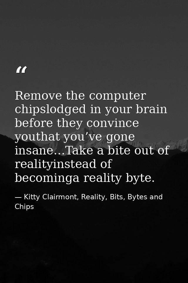 Remove the computer chipslodged in your brain before they convince youthat you’ve gone insane…Take a bite out of reality — Kitty Clairmont, Reality, Bits, Bytes and Chips