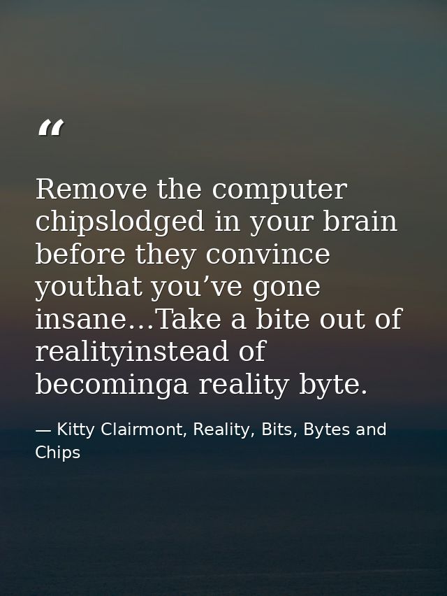Remove the computer chipslodged in your brain before they convince youthat you’ve gone insane…Take a bite out of reality — Kitty Clairmont, Reality, Bits, Bytes and Chips