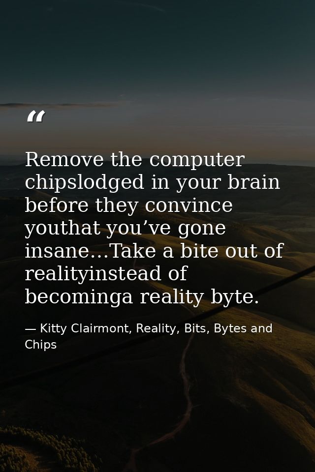 Remove the computer chipslodged in your brain before they convince youthat you’ve gone insane…Take a bite out of reality — Kitty Clairmont, Reality, Bits, Bytes and Chips