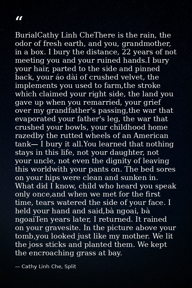 BurialCathy Linh CheThere is the rain, the odor of fresh earth, and you, grandmother, in a box. I bury the distance, 22  — Cathy Linh Che, Split