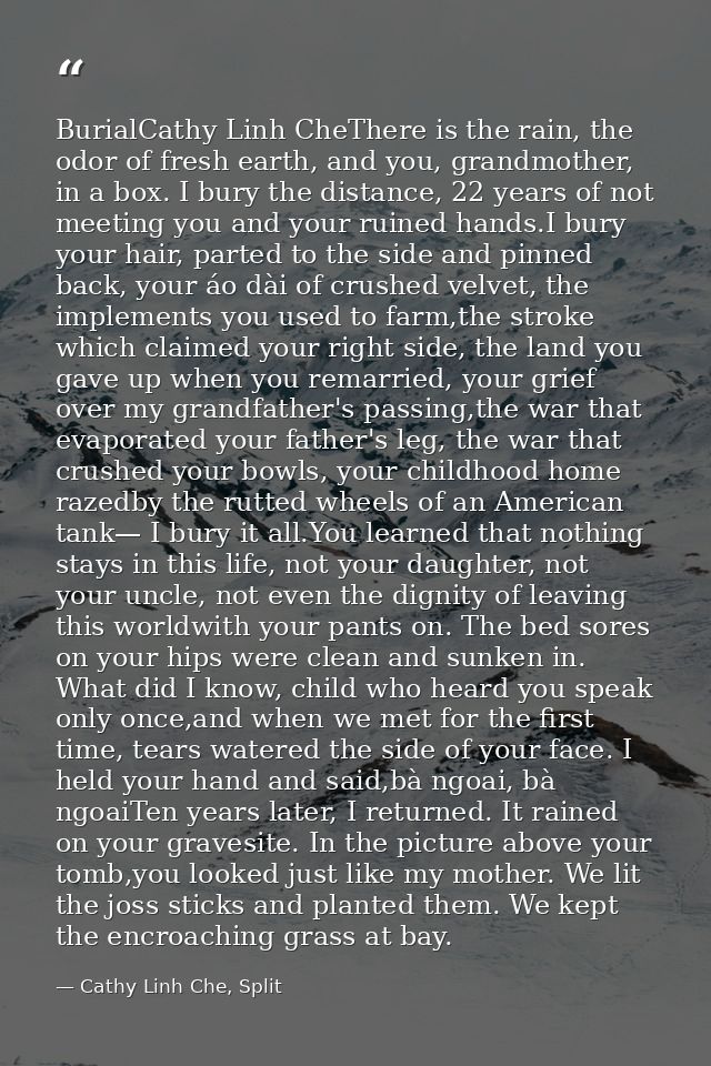 BurialCathy Linh CheThere is the rain, the odor of fresh earth, and you, grandmother, in a box. I bury the distance, 22  — Cathy Linh Che, Split