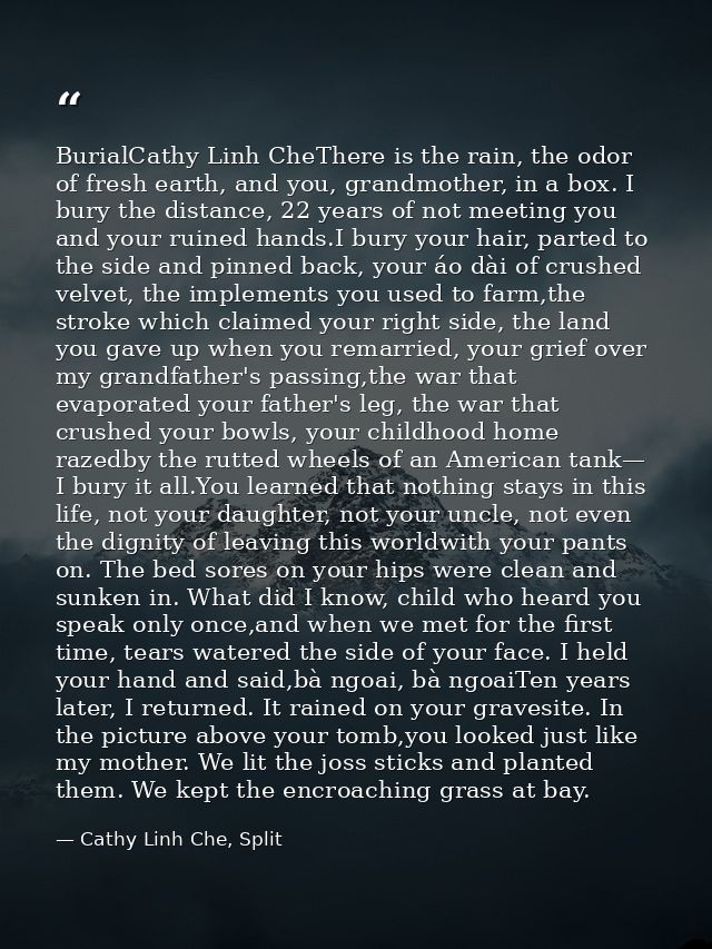 BurialCathy Linh CheThere is the rain, the odor of fresh earth, and you, grandmother, in a box. I bury the distance, 22  — Cathy Linh Che, Split