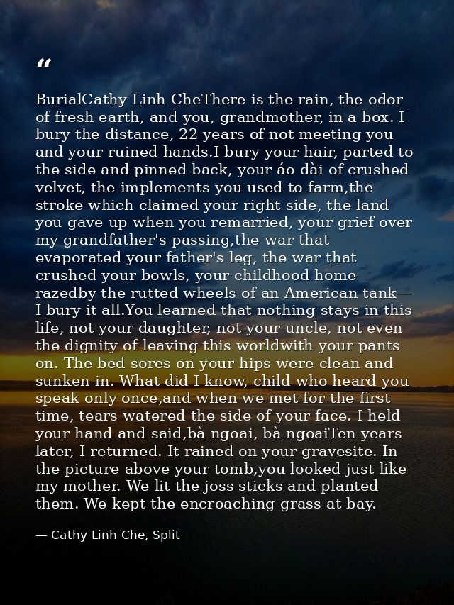 BurialCathy Linh CheThere is the rain, the odor of fresh earth, and you, grandmother, in a box. I bury the distance, 22  — Cathy Linh Che, Split