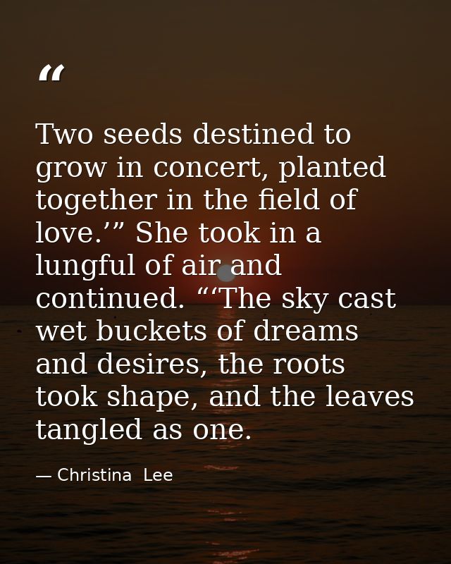 Two seeds destined to grow in concert, planted together in the field of love.’” She took in a lungful of air and continu — Christina  Lee