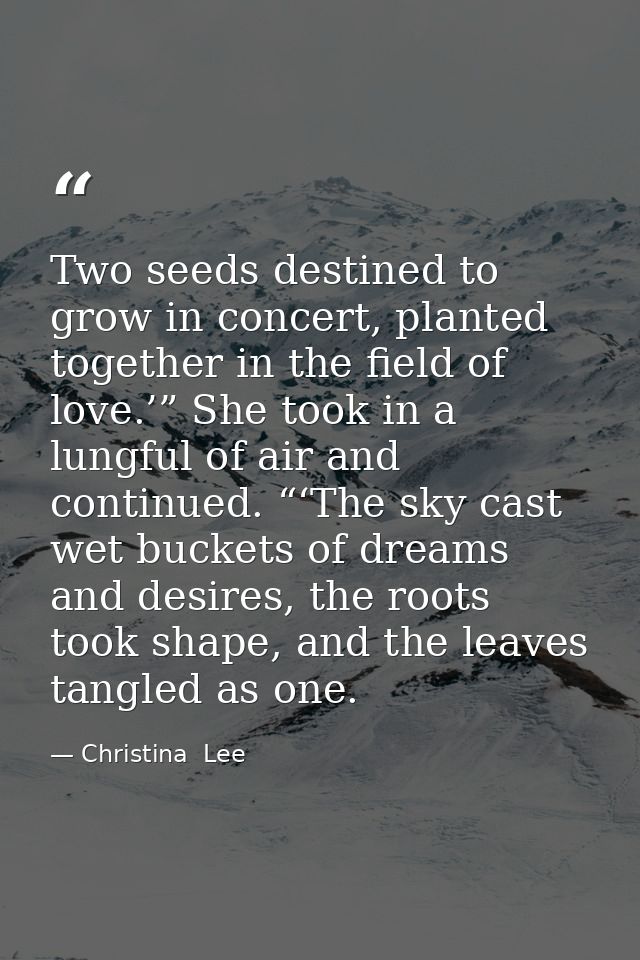 Two seeds destined to grow in concert, planted together in the field of love.’” She took in a lungful of air and continu — Christina  Lee
