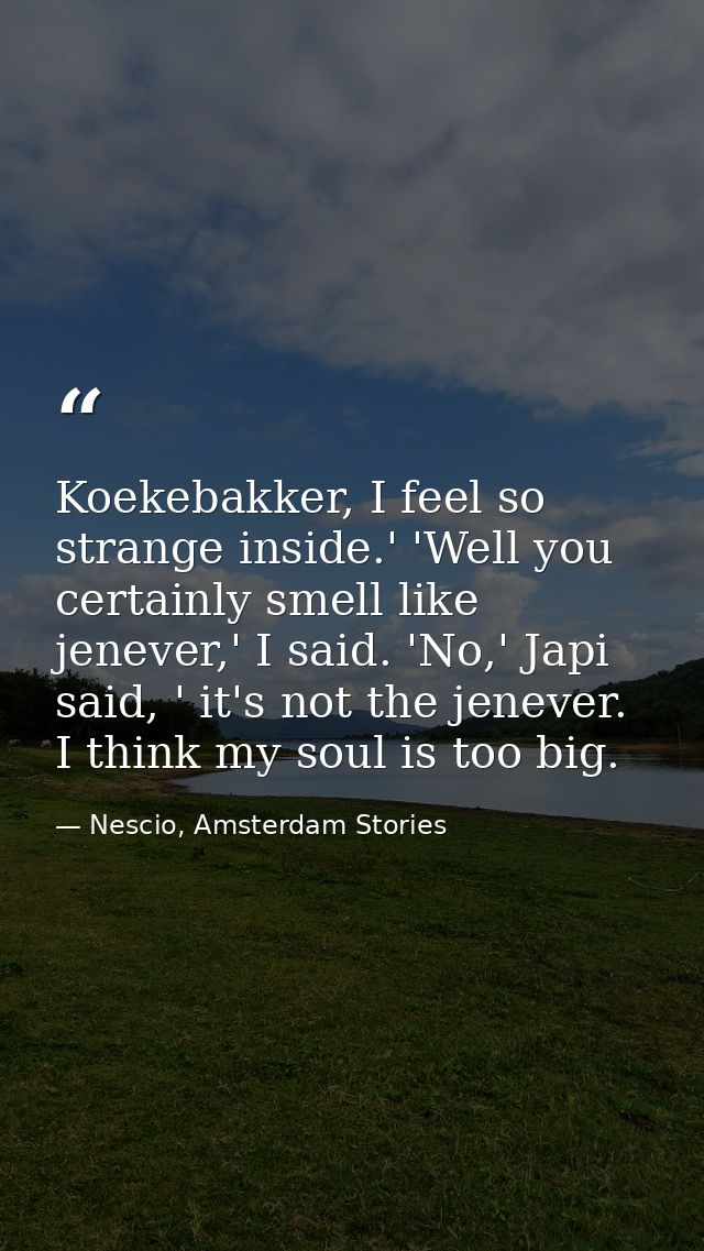 Koekebakker, I feel so strange inside.' 'Well you certainly smell like jenever,' I said. 'No,' Japi said, ' it's not the — Nescio, Amsterdam Stories