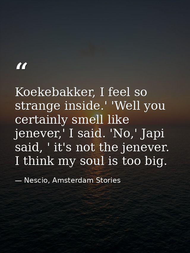 Koekebakker, I feel so strange inside.' 'Well you certainly smell like jenever,' I said. 'No,' Japi said, ' it's not the — Nescio, Amsterdam Stories