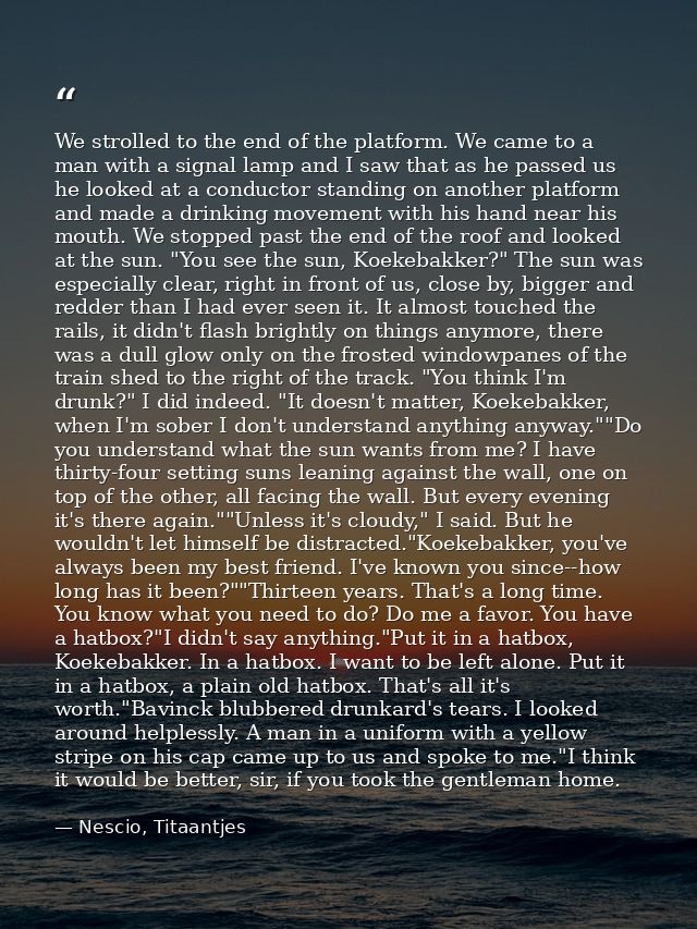 We strolled to the end of the platform. We came to a man with a signal lamp and I saw that as he passed us he looked at  — Nescio, Titaantjes