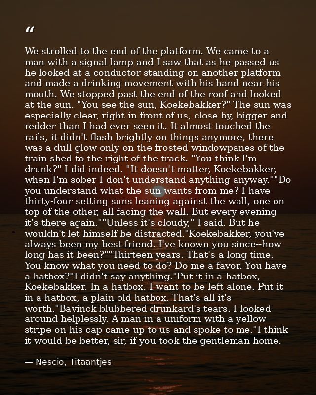 We strolled to the end of the platform. We came to a man with a signal lamp and I saw that as he passed us he looked at  — Nescio, Titaantjes