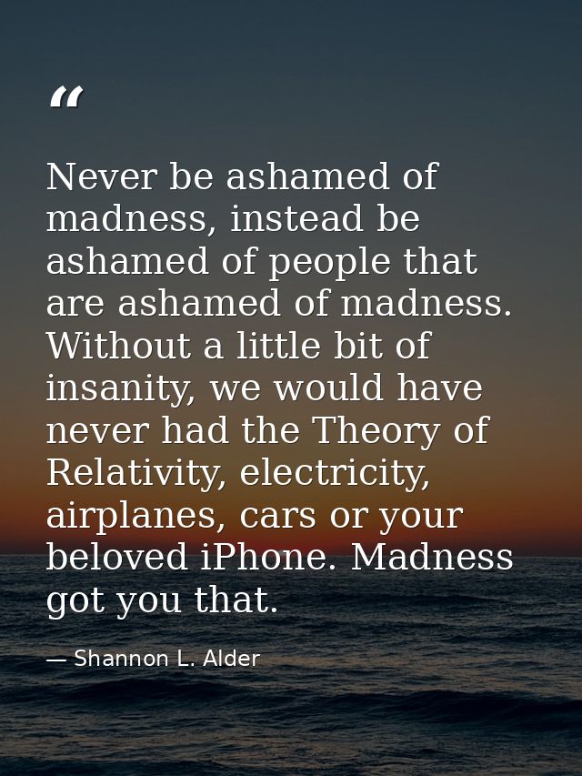 Never be ashamed of madness, instead be ashamed of people that are ashamed of madness. Without a little bit of insanity, — Shannon L. Alder