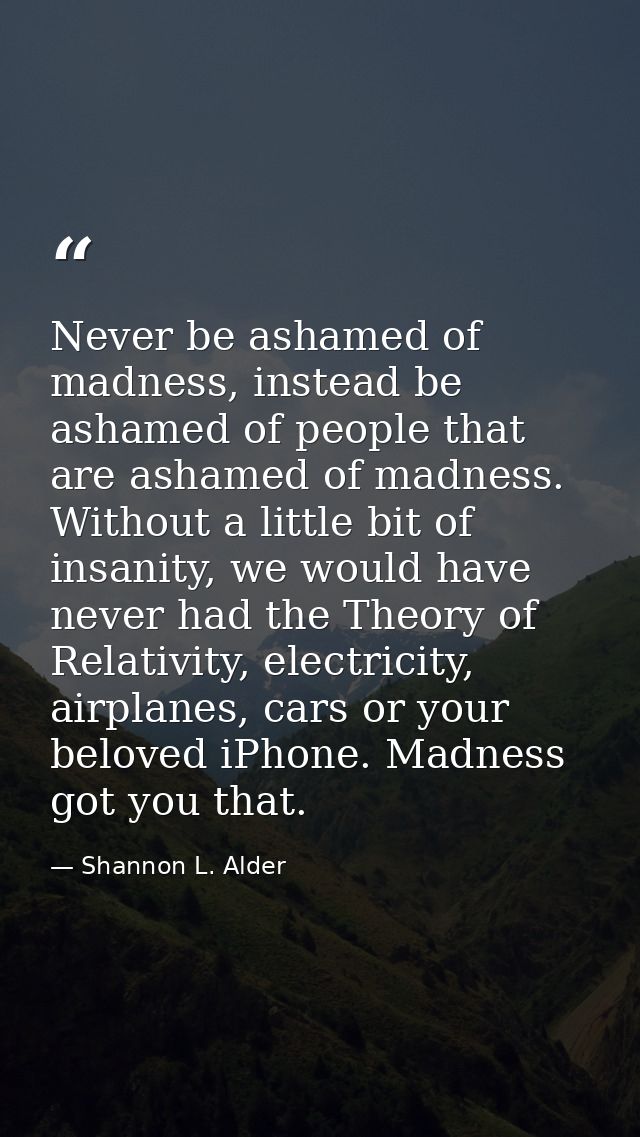 Never be ashamed of madness, instead be ashamed of people that are ashamed of madness. Without a little bit of insanity, — Shannon L. Alder