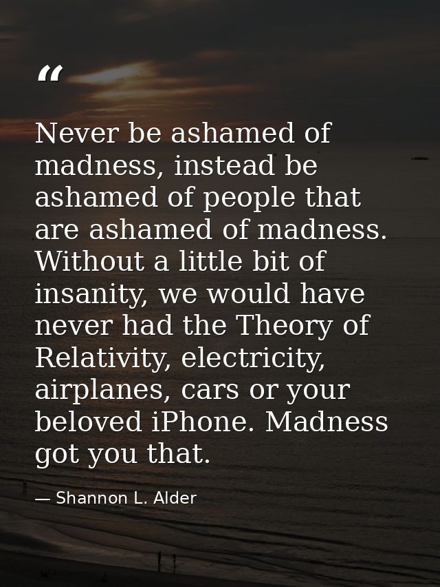 Never be ashamed of madness, instead be ashamed of people that are ashamed of madness. Without a little bit of insanity, — Shannon L. Alder