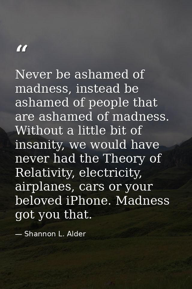 Never be ashamed of madness, instead be ashamed of people that are ashamed of madness. Without a little bit of insanity, — Shannon L. Alder