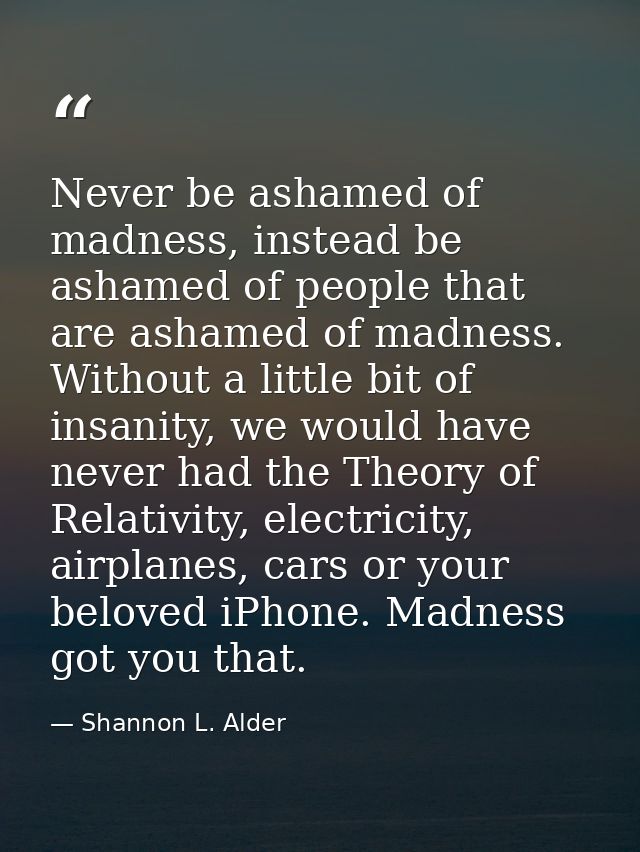 Never be ashamed of madness, instead be ashamed of people that are ashamed of madness. Without a little bit of insanity, — Shannon L. Alder