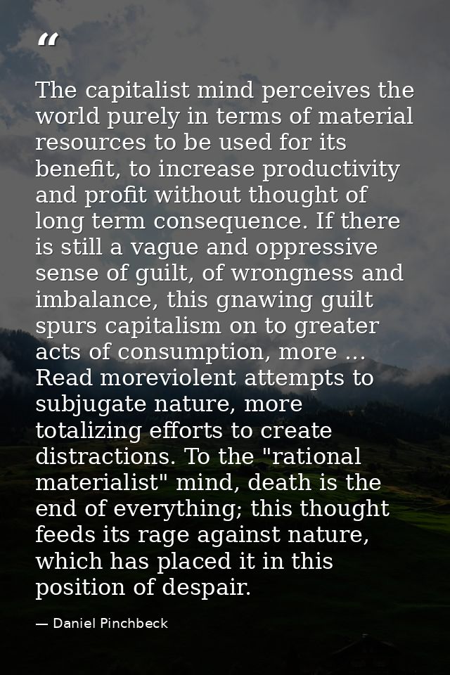 The capitalist mind perceives the world purely in terms of material resources to be used for its benefit, to increase pr — Daniel Pinchbeck