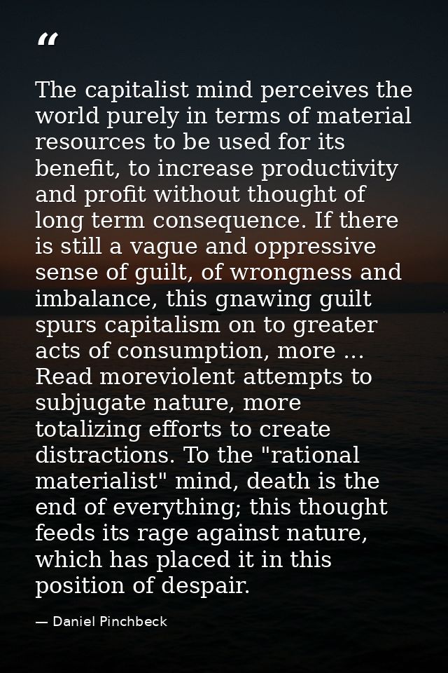 The capitalist mind perceives the world purely in terms of material resources to be used for its benefit, to increase pr — Daniel Pinchbeck