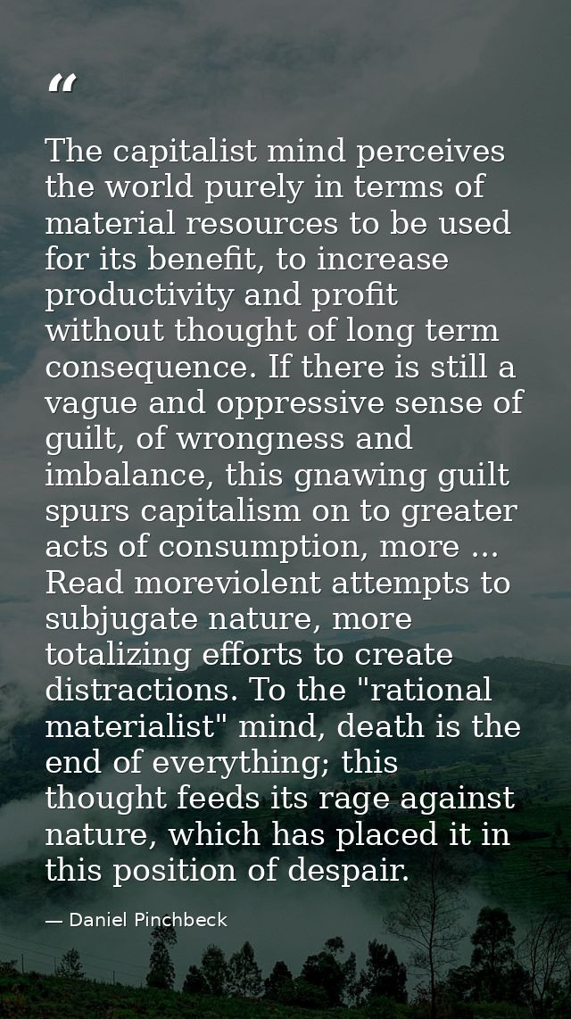 The capitalist mind perceives the world purely in terms of material resources to be used for its benefit, to increase pr — Daniel Pinchbeck