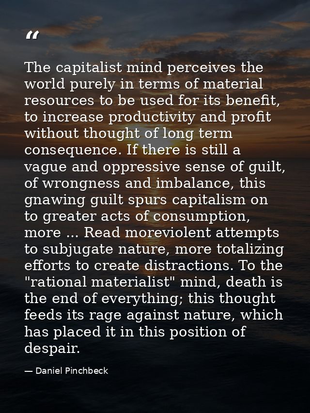 The capitalist mind perceives the world purely in terms of material resources to be used for its benefit, to increase pr — Daniel Pinchbeck