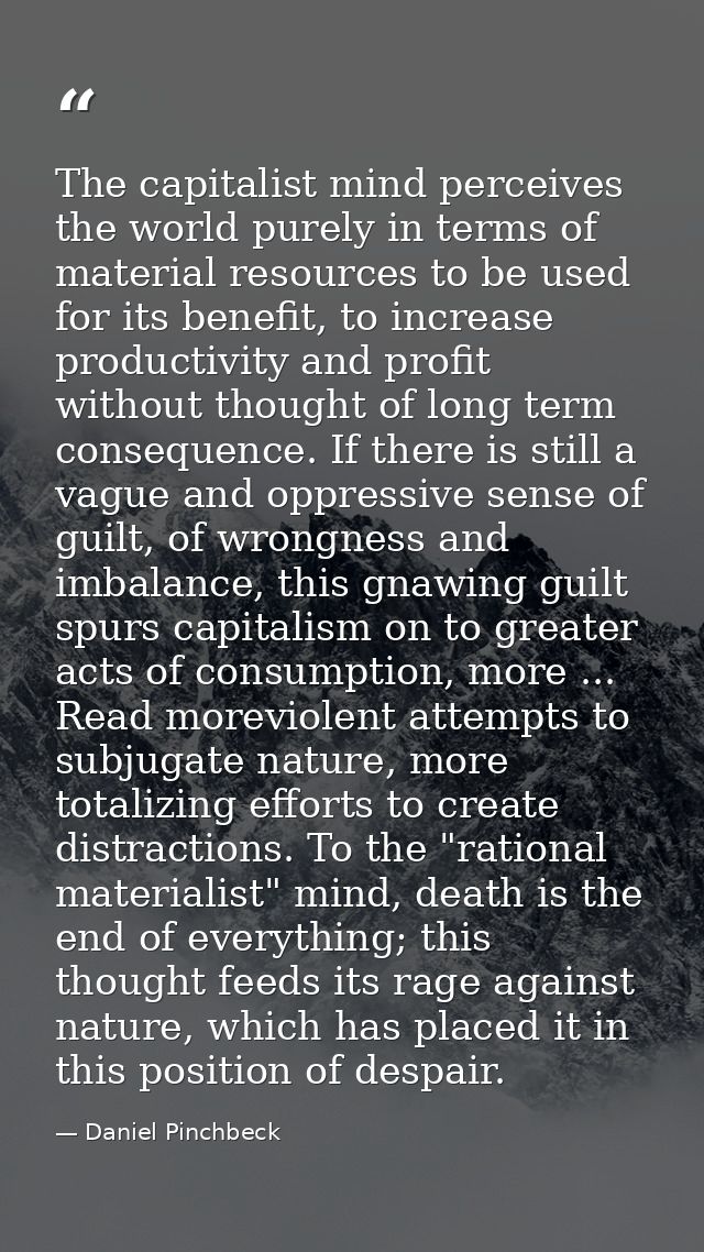 The capitalist mind perceives the world purely in terms of material resources to be used for its benefit, to increase pr — Daniel Pinchbeck