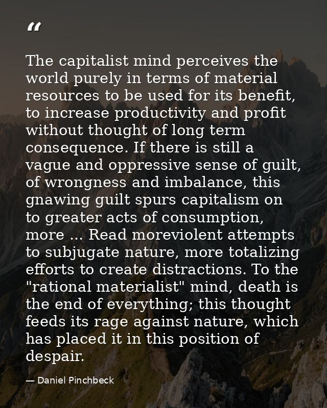 The capitalist mind perceives the world purely in terms of material resources to be used for its benefit, to increase pr — Daniel Pinchbeck