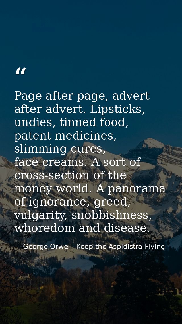 Page after page, advert after advert. Lipsticks, undies, tinned food, patent medicines, slimming cures, face-creams. A s — George Orwell, Keep the Aspidistra Flying