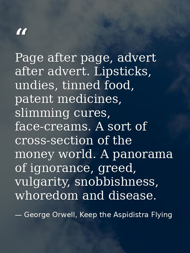 Page after page, advert after advert. Lipsticks, undies, tinned food, patent medicines, slimming cures, face-creams. A s — George Orwell, Keep the Aspidistra Flying