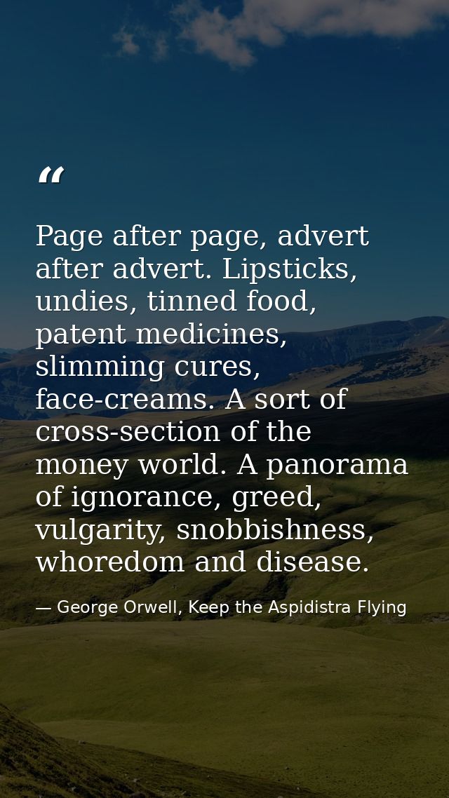 Page after page, advert after advert. Lipsticks, undies, tinned food, patent medicines, slimming cures, face-creams. A s — George Orwell, Keep the Aspidistra Flying