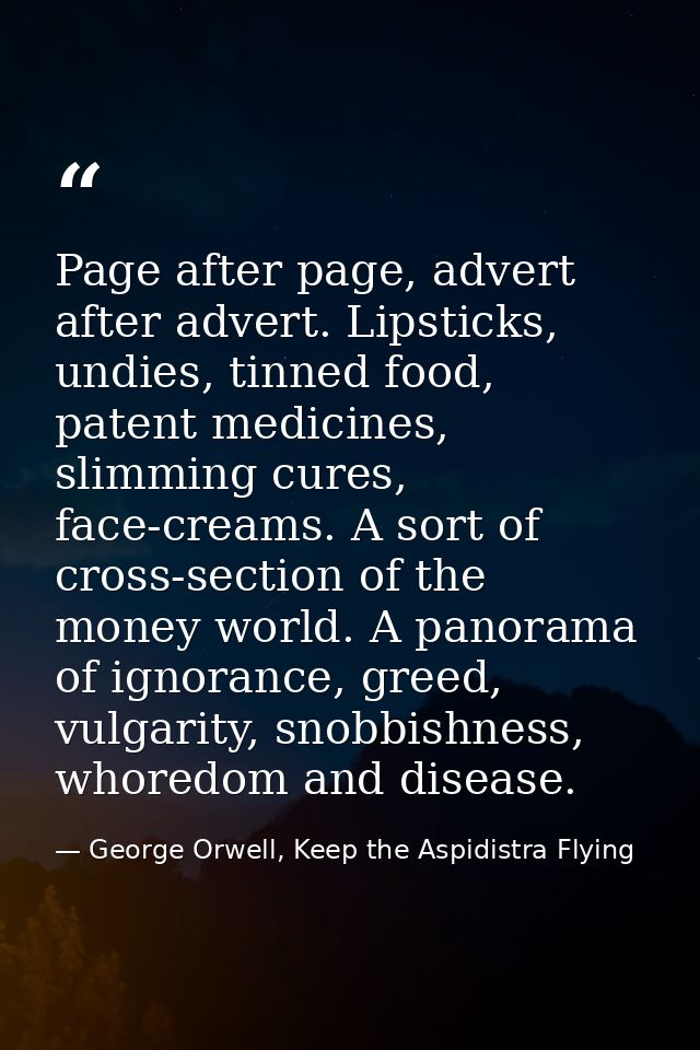Page after page, advert after advert. Lipsticks, undies, tinned food, patent medicines, slimming cures, face-creams. A s — George Orwell, Keep the Aspidistra Flying