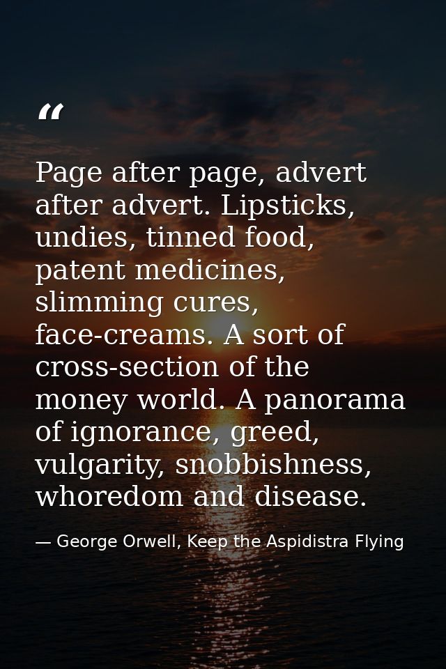 Page after page, advert after advert. Lipsticks, undies, tinned food, patent medicines, slimming cures, face-creams. A s — George Orwell, Keep the Aspidistra Flying