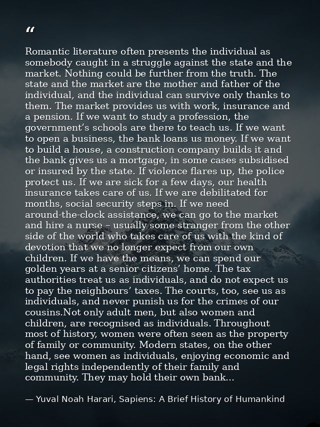Romantic literature often presents the individual as somebody caught in a struggle against the state and the market. Not — Yuval Noah Harari, Sapiens: A Brief History of Humankind
