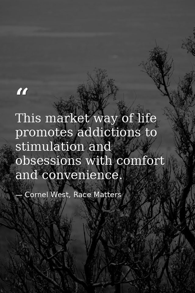 This market way of life promotes addictions to stimulation and obsessions with comfort and convenience. — Cornel West, Race Matters
