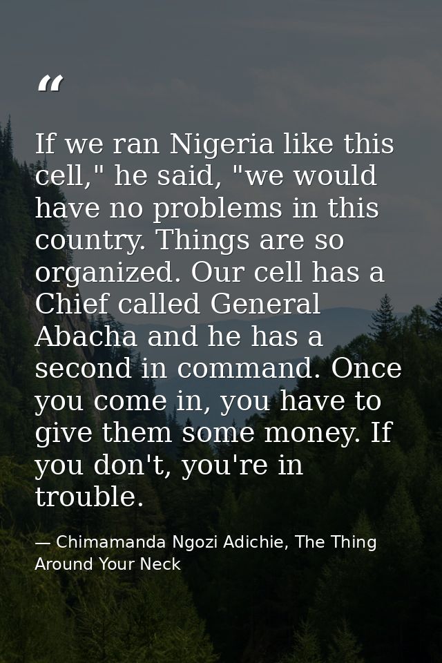 If we ran Nigeria like this cell," he said, "we would have no problems in this country. Things are so organized. Our cel — Chimamanda Ngozi Adichie, The Thing Around Your Neck