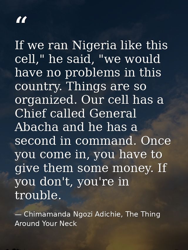 If we ran Nigeria like this cell," he said, "we would have no problems in this country. Things are so organized. Our cel — Chimamanda Ngozi Adichie, The Thing Around Your Neck